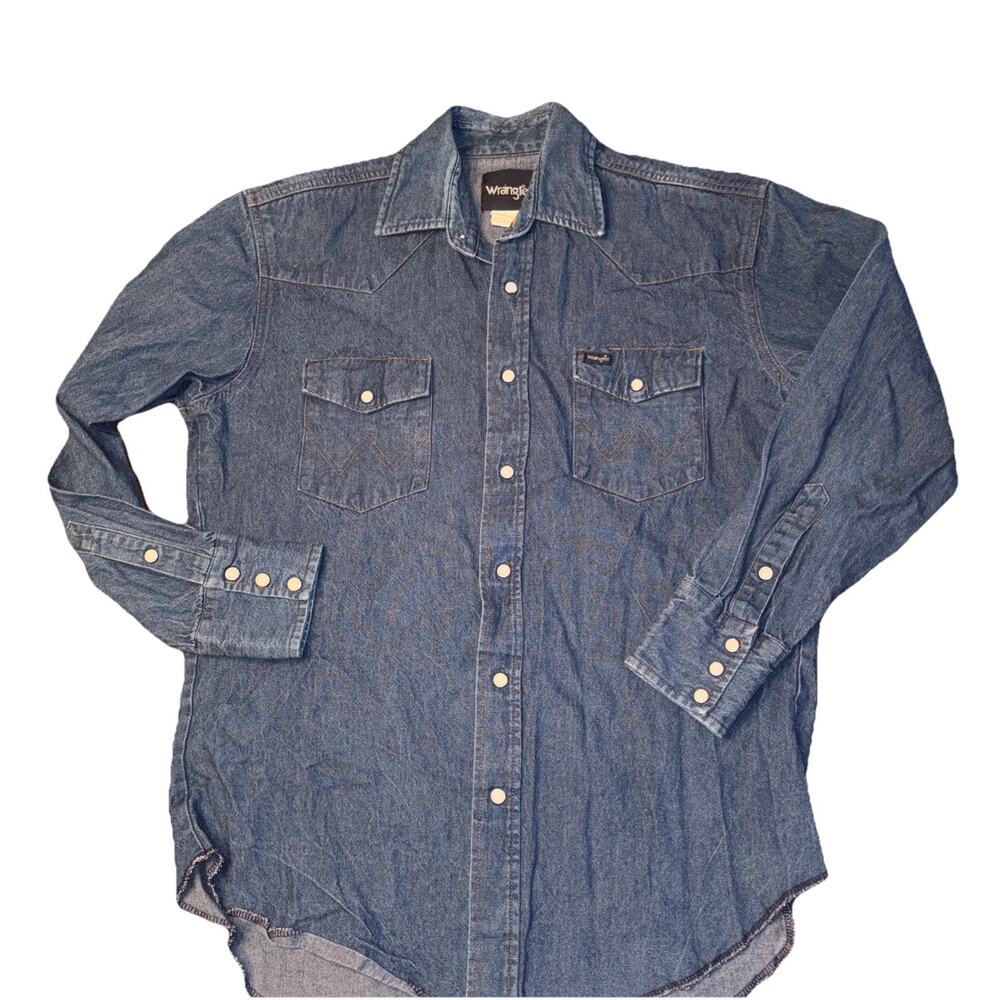 Wrangler Denim Western Shirt Long Sleeve Pearl Snap Blue Cotton Men M